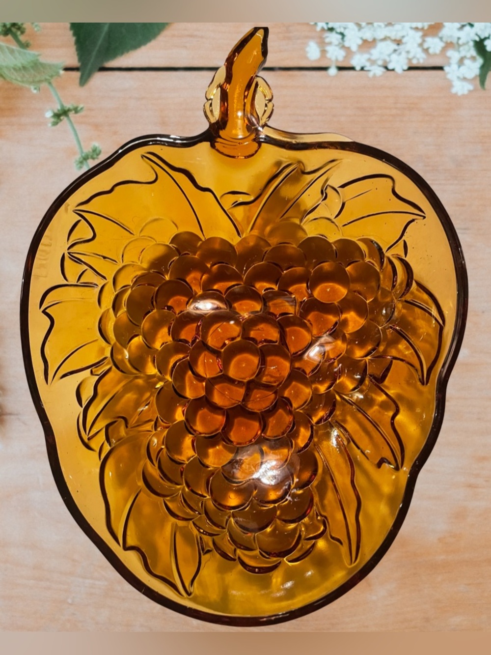 Indiana Glass Amber Glass Grape Leaf Shaped Bowl- Embossed Grape-Fall Decor